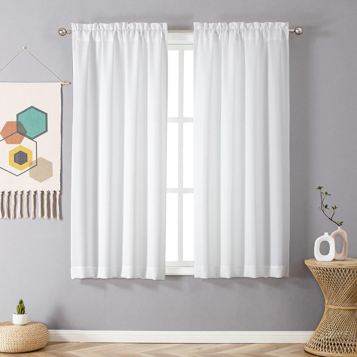 Chyhomenyc White Curtains 45 Inch Length 2 Panels, Faux Linen Textured