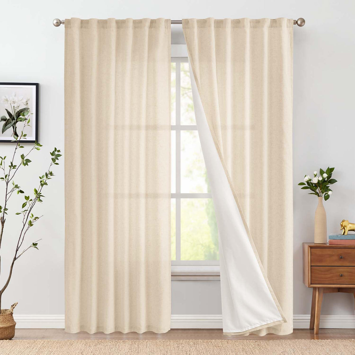 jinchan Linen Curtains Light Filtering Back Tab 50x96 Inch 2 Panels Beige