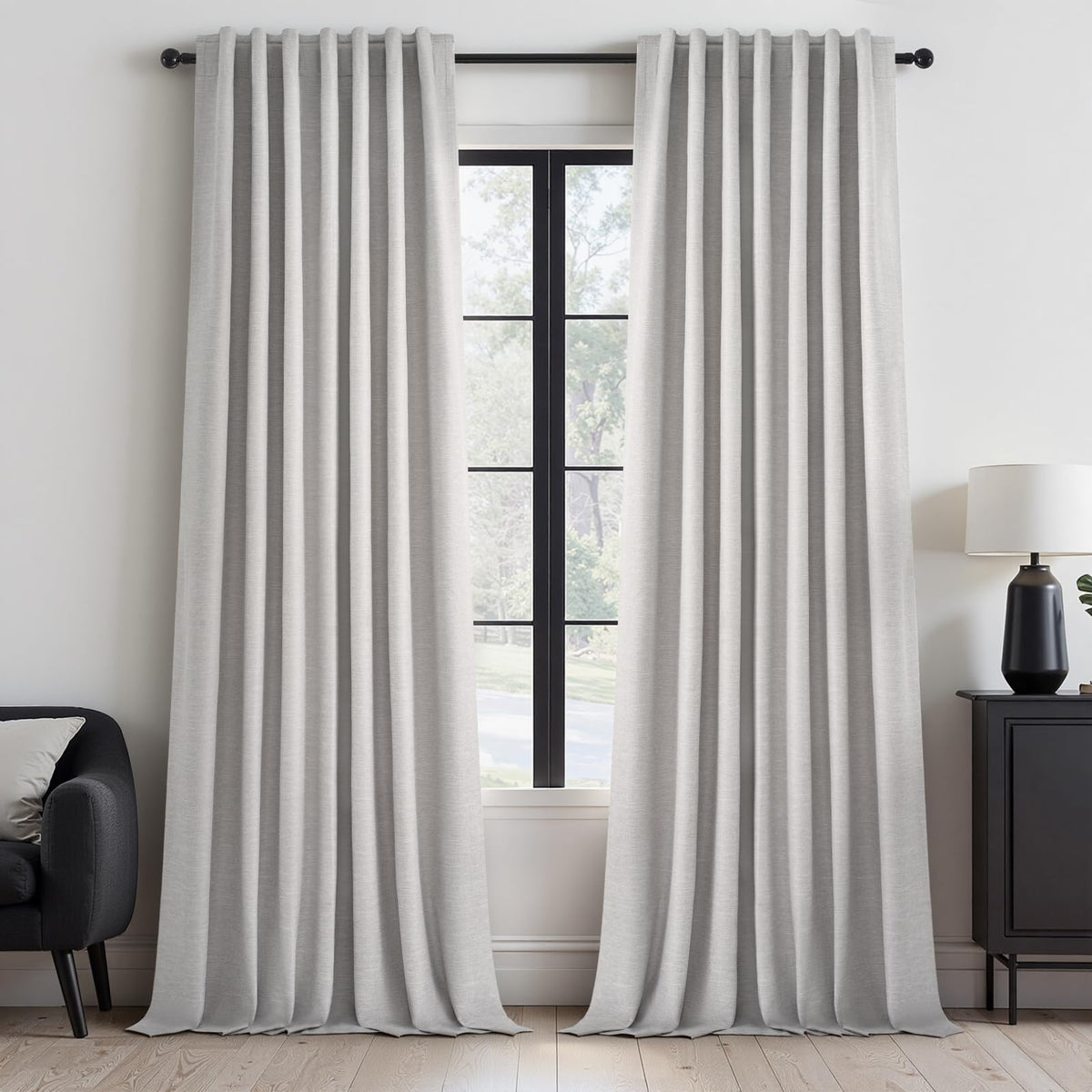 Topfinel Cream Ivory Blackout Curtains & Drapes 84 Inch Length, Beige Pinch Pleat Full Blackout Flax Linen Tab Top Soundproof Curtains with Hooks Rings for Bedroom Living Room Track 2 Panels Set