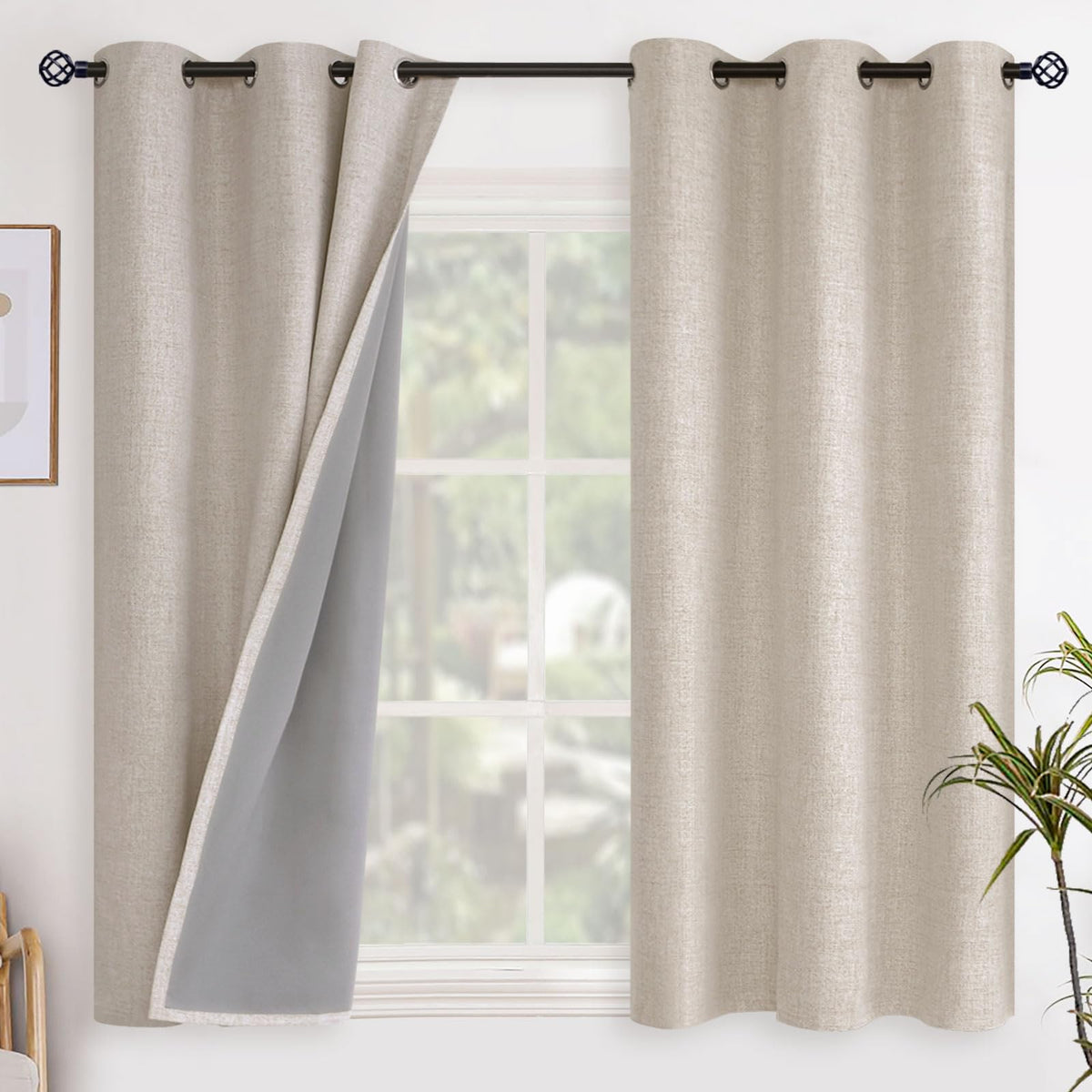 YoungsTex Linen Blackout Curtains 63 Inch Length Bedroom Beige Darkening