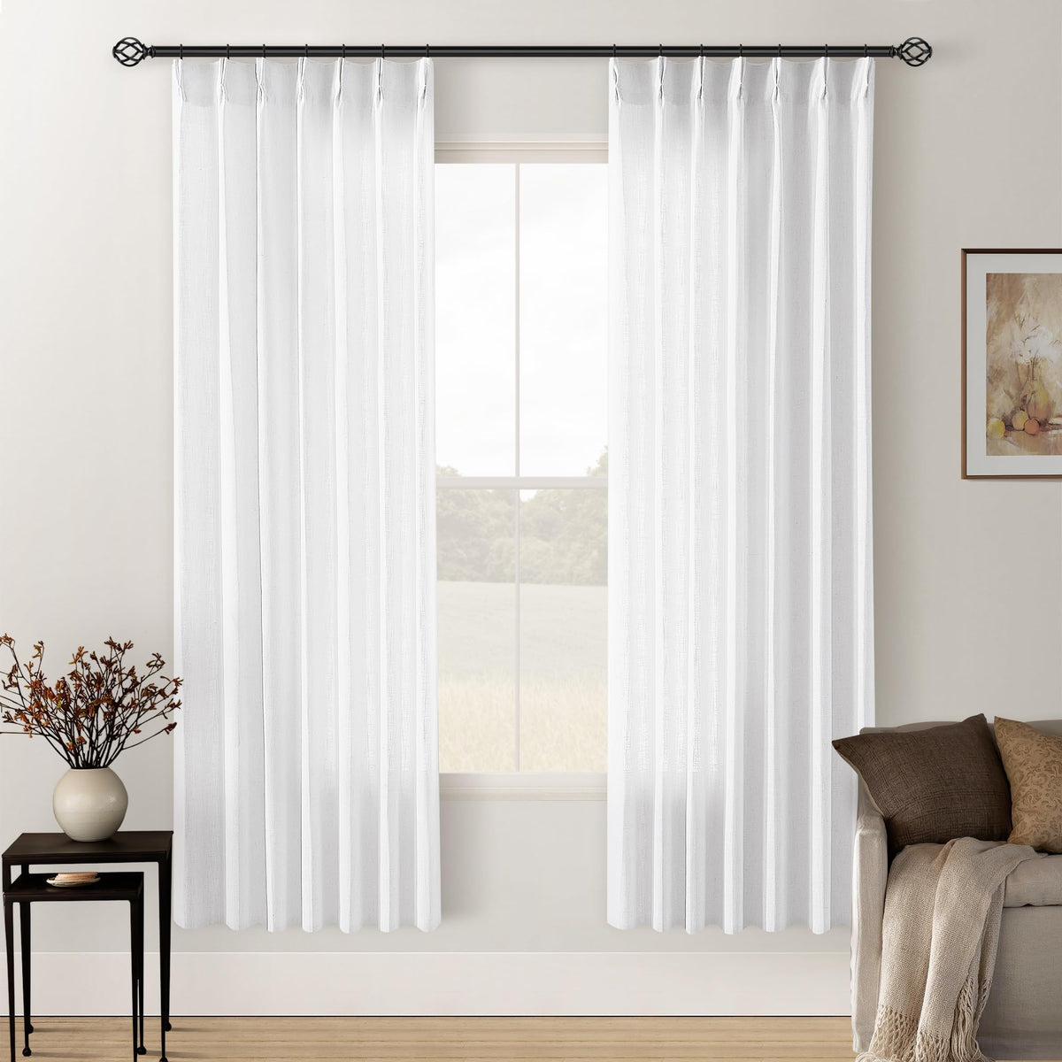 TWODRAPES Natural Pinch Pleated Linen Semi Sheer 84 Inch Curtains 2 Panels