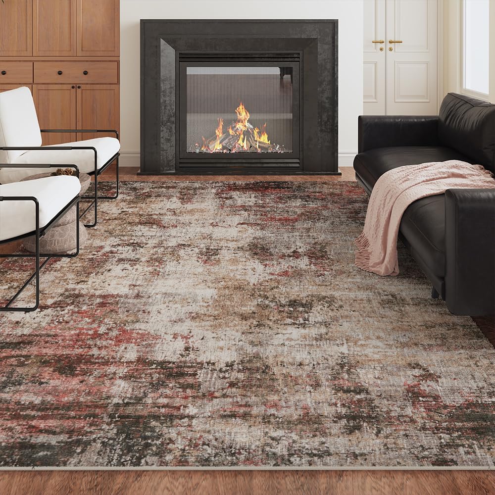 8x10 Pink Gray Washable Area Rug for Living Room, Vintage Print