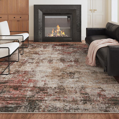 8x10 Pink Gray Washable Area Rug for Living Room, Vintage Print