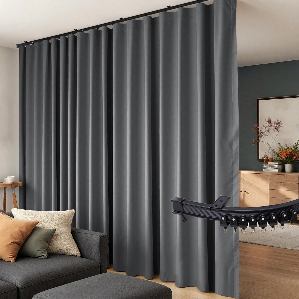 Room Divider Curtains Flexible Ceiling Tracks Set Curtain Track Ceiling Mount Blackout Curtain for Living Room Bedroom Ceiling Curtain Rod Privacy Dividers Panels W100 x H84 Black Drape & Black Rail