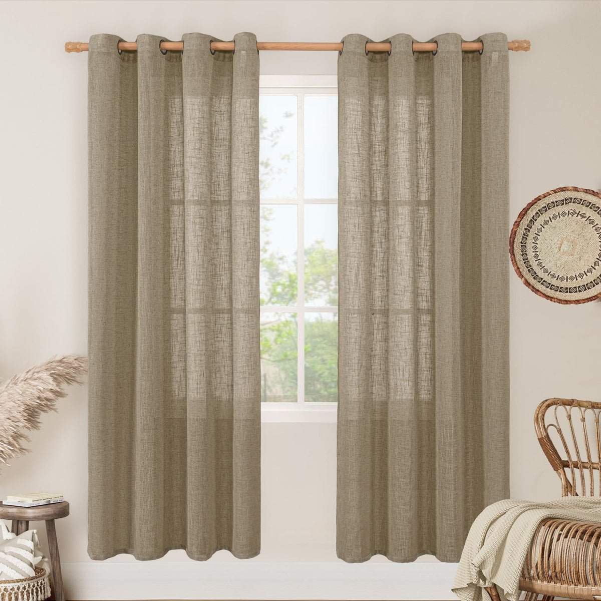 LAMIT Cream Ivory Linen Semi Sheer Curtains 84 inch Length for Bedroom