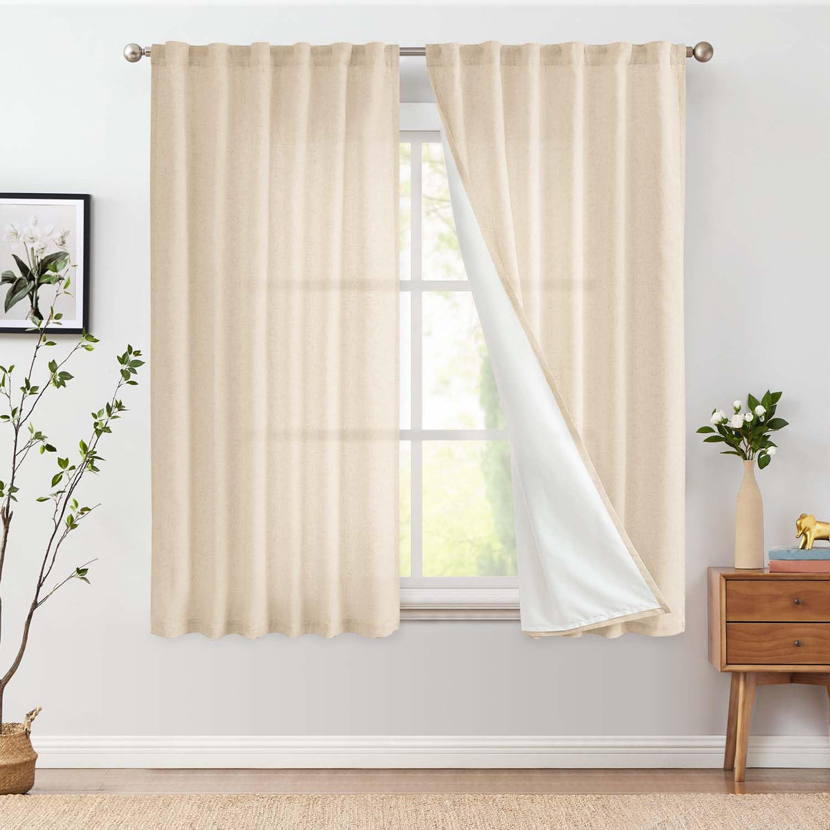 jinchan Linen Curtains Light Filtering Back Tab 50x96 Inch 2 Panels Beige