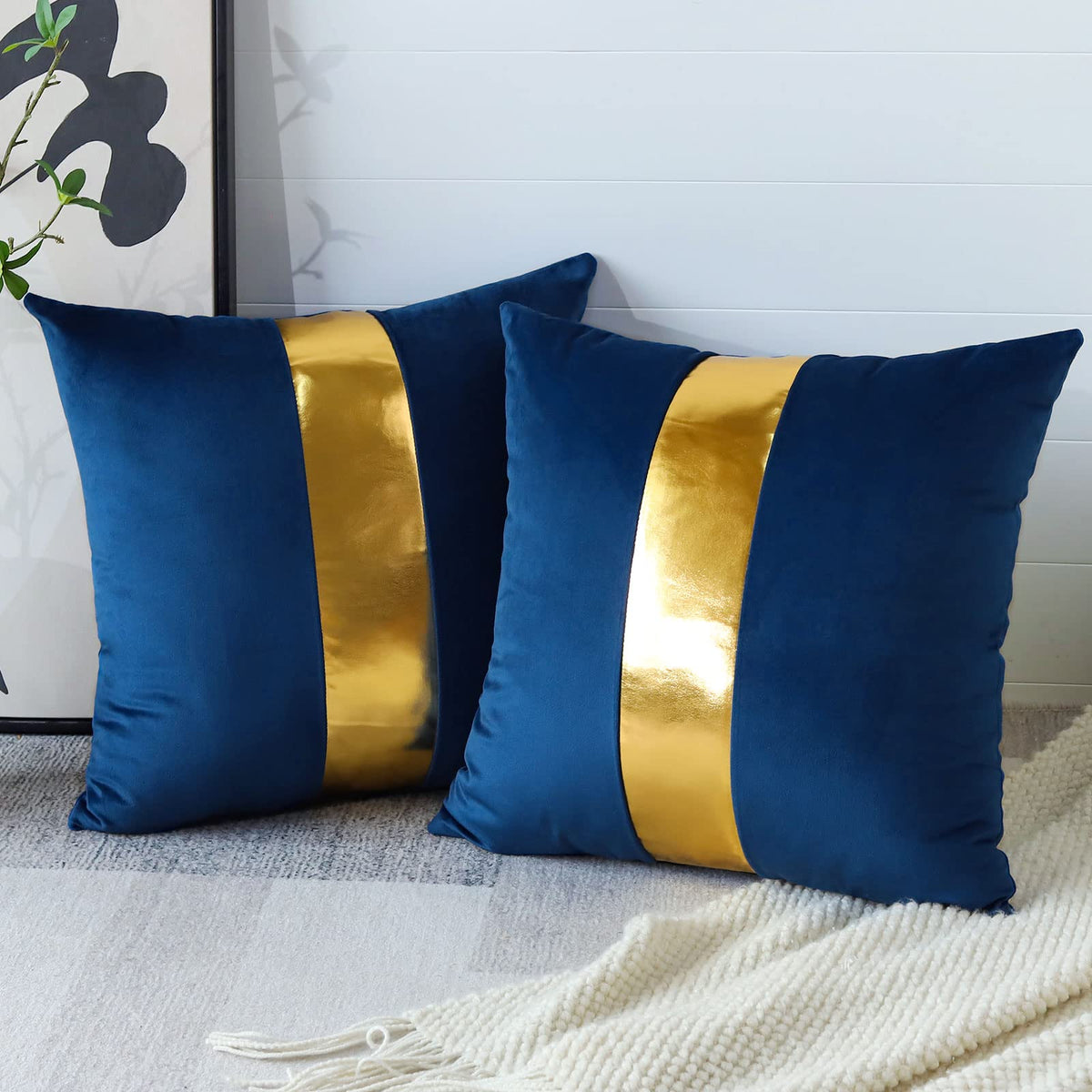 Artscope Black Velvet Throw Pillow Covers with Gold Leather Stitching Luxury Modern Minimalist Square Pillowcase Cushion Covers for Bed Couch Sofa 18x18Inch Set of 2