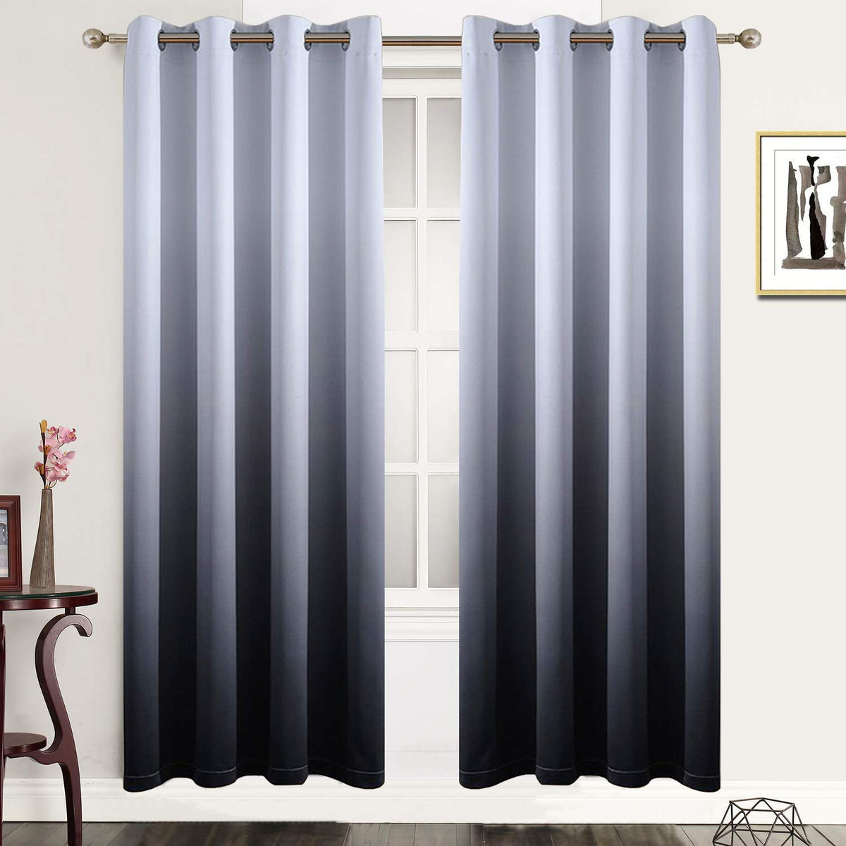 SimpleHome Ombre Black to Grey White Curtains for Living Room 52Wx84L