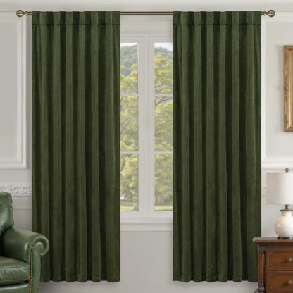 LAMIT Olive Green Velvet Curtains 84 Inch Length for Living Room, 2 Panels