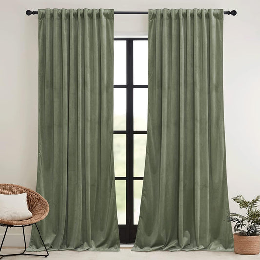 RYB HOME Sage Green Velvet Curtains 84 inches for Bedroom Living Room
