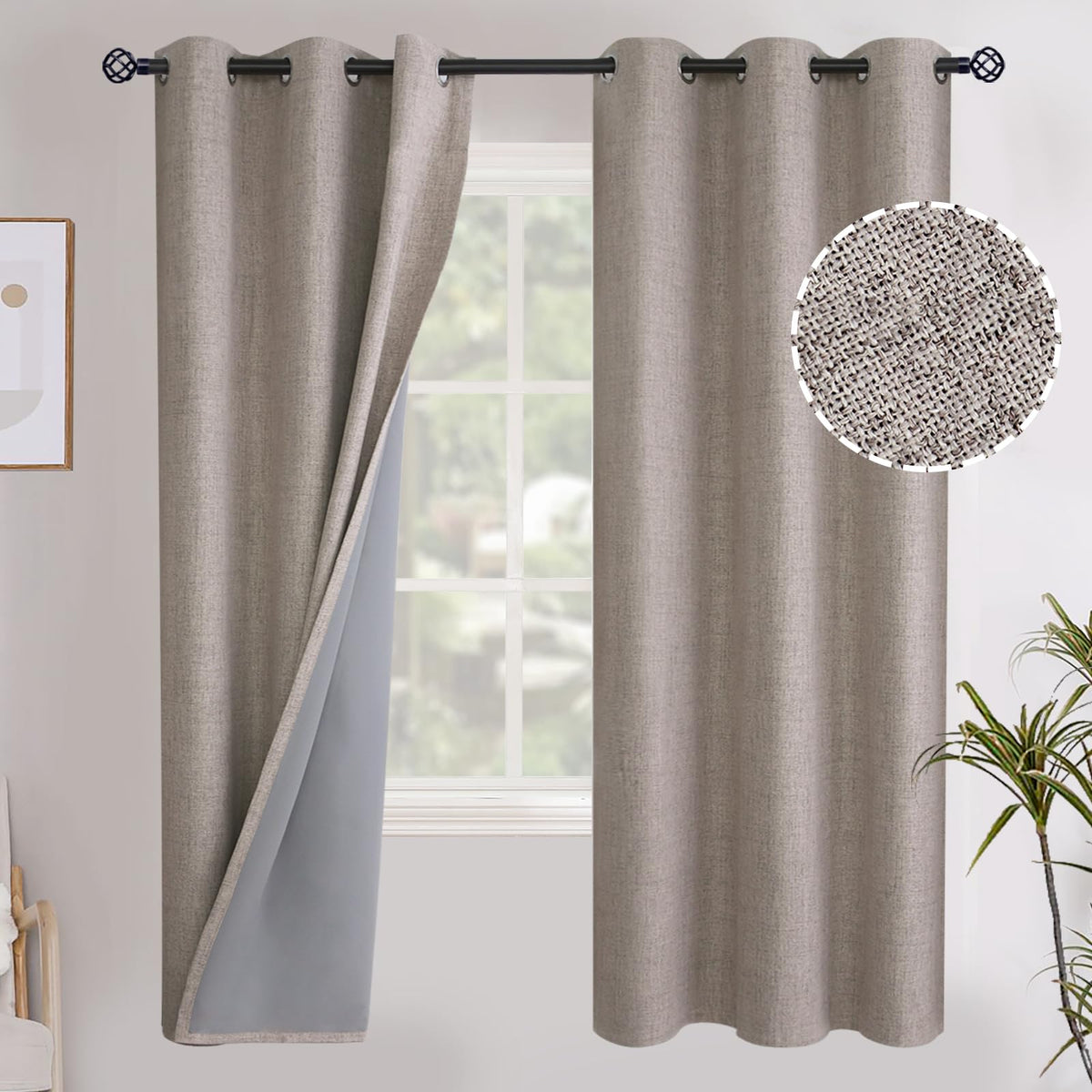 YoungsTex Linen Blackout Curtains 63 Inch Length Bedroom Beige Darkening