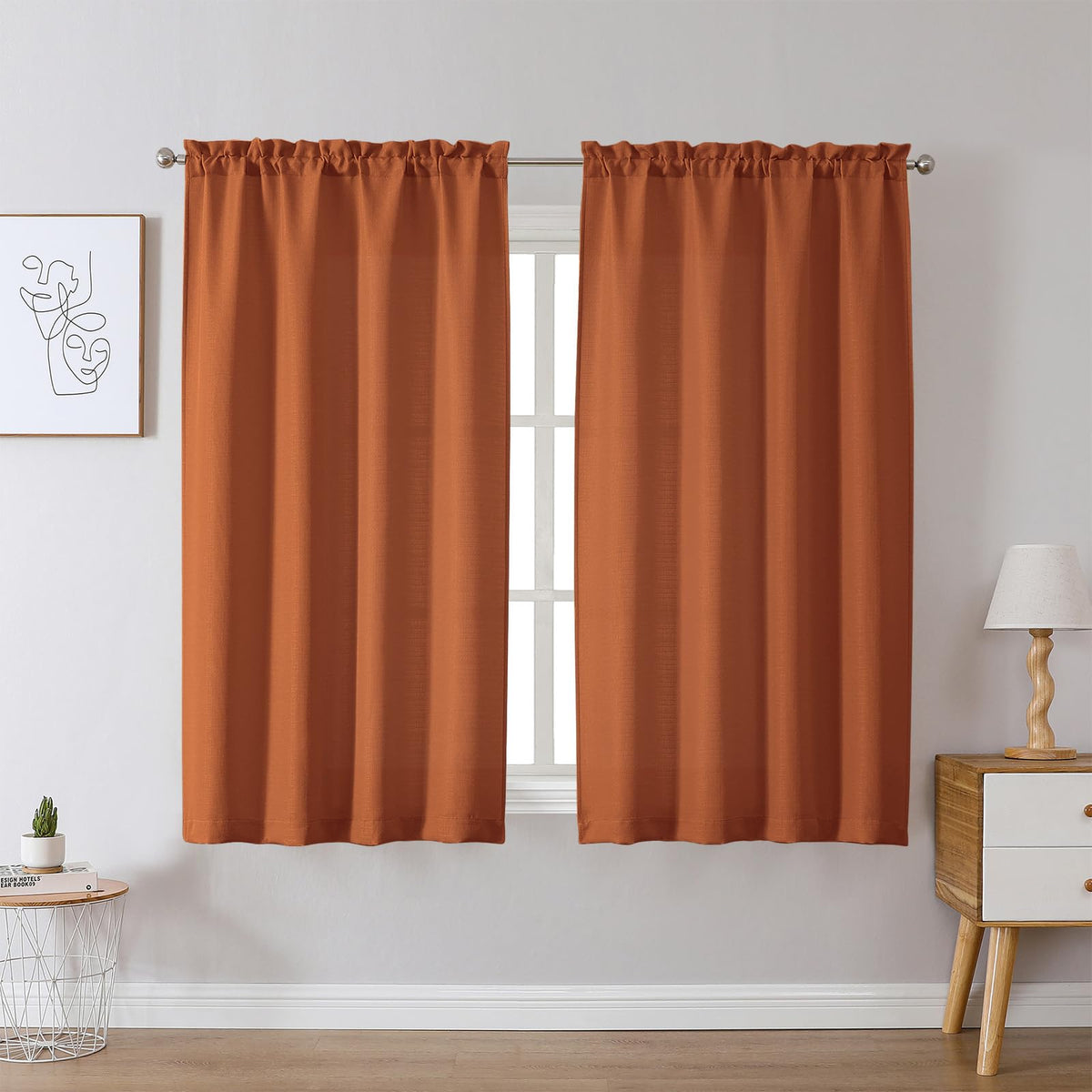 Chyhomenyc White Curtains 45 Inch Length 2 Panels, Faux Linen Textured