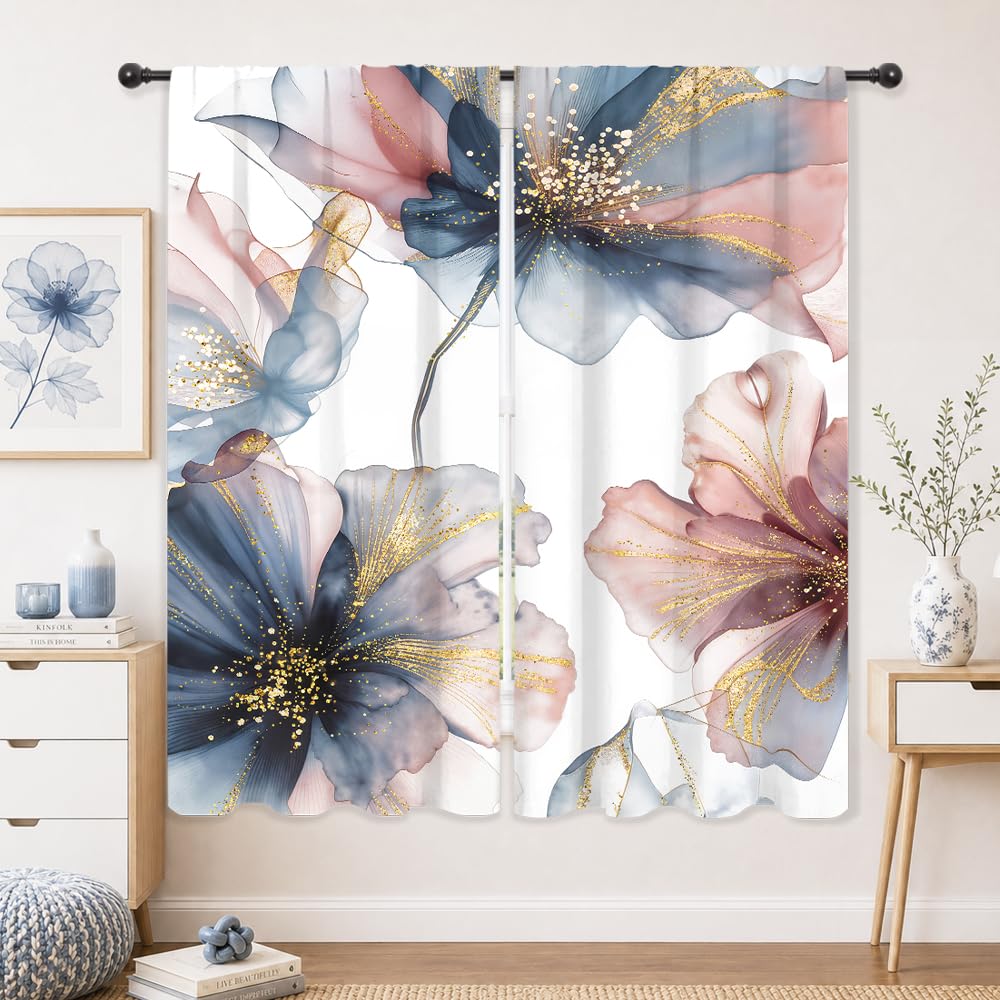 Navy Blue Floral Abstract Modern Dark Living Room Bedroom Window Curtains