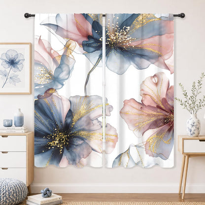 Navy Blue Floral Abstract Modern Dark Living Room Bedroom Window Curtains