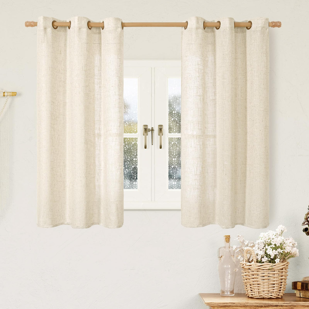 LAMIT Cream Ivory Linen Semi Sheer Curtains 84 inch Length for Bedroom