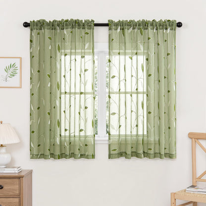 MIULEE Sage Green Sheer Curtains 2 Panels Leaf Patterned, W52 x L84