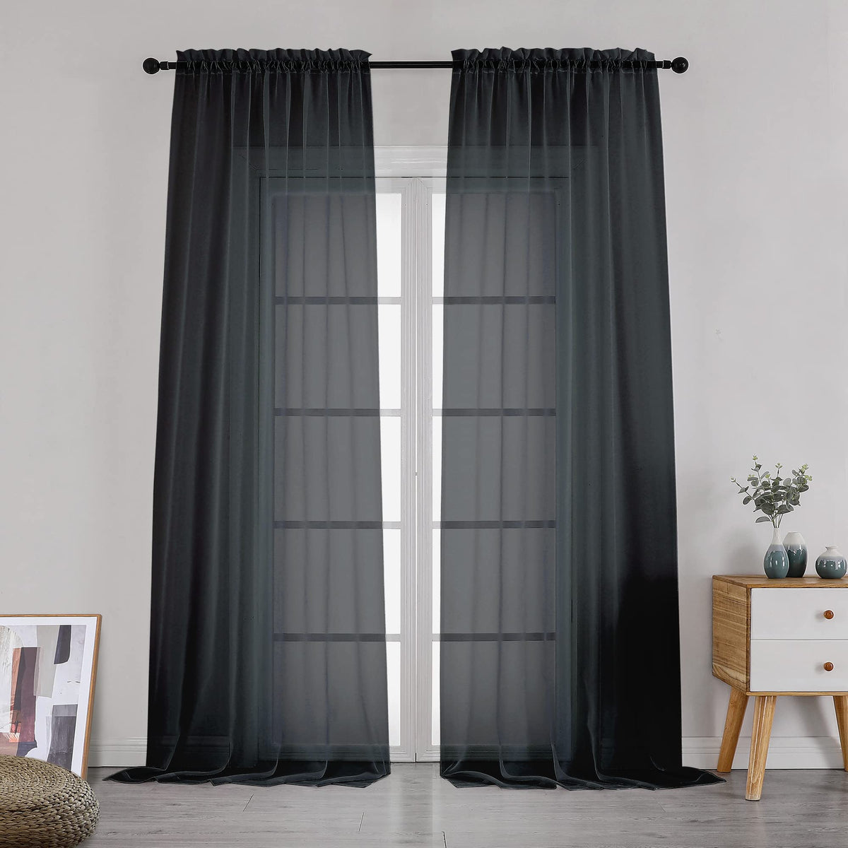 Simplebrand Black Sheer Curtains 84 Inches Long 2 Panels for Living Room