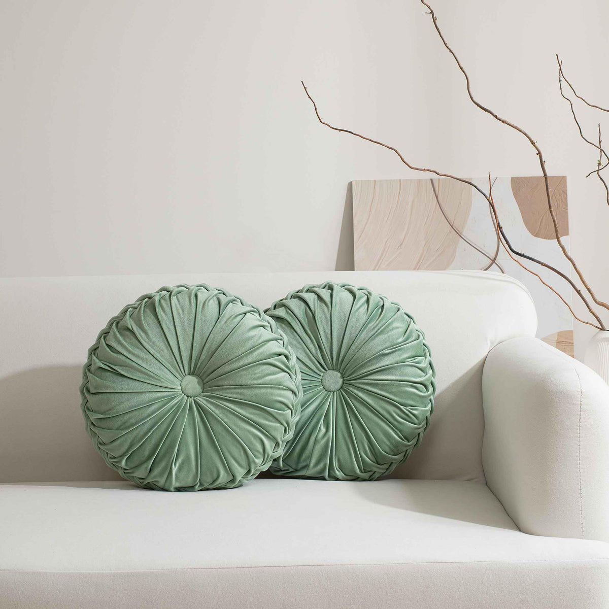 HIG Set of 2 Beige Velvet Decorative Round Pleated Throw Pillows