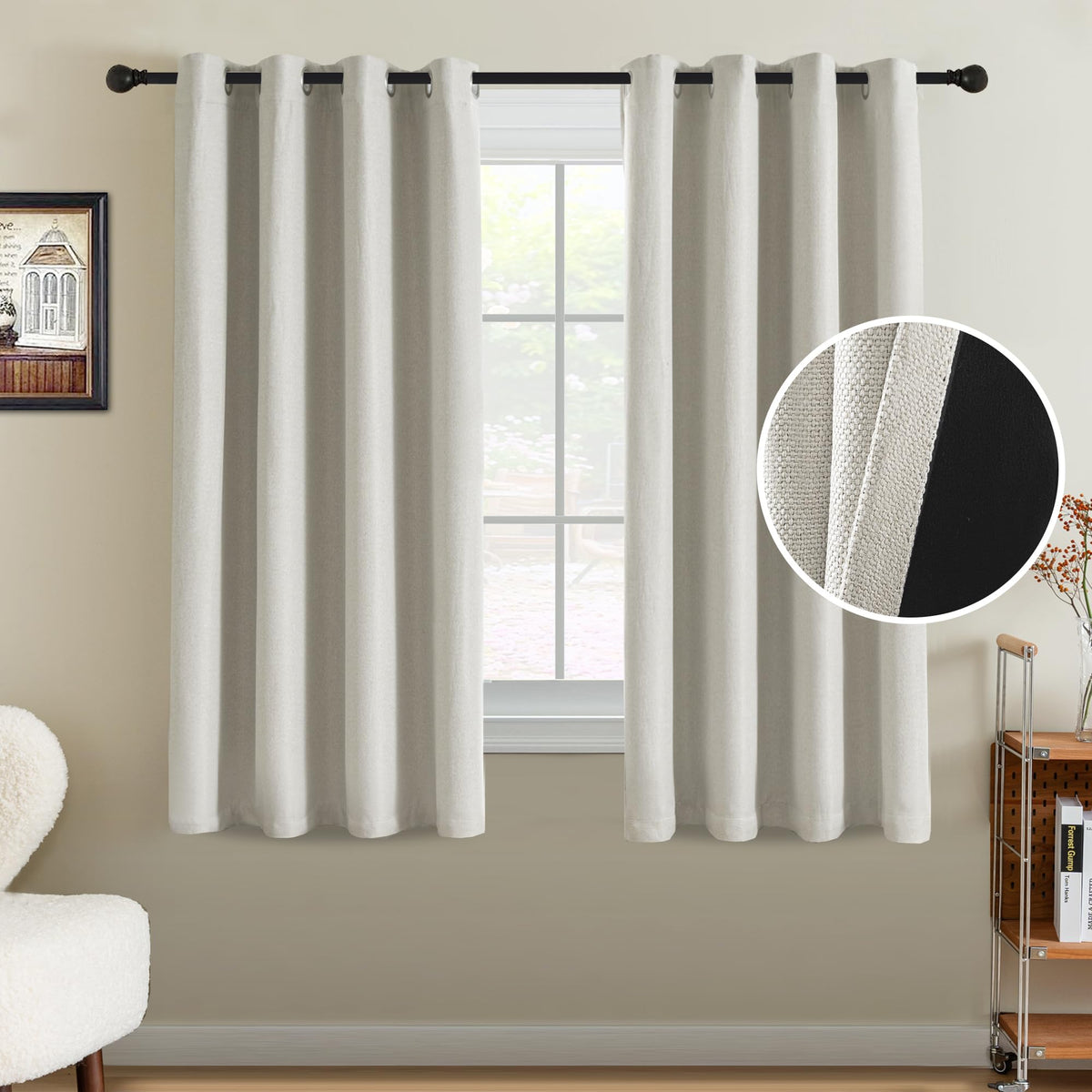 H.VERSAILTEX Linen Blackout Curtain 84 Inches Long for Bedroom/Living Room Thermal Insulated Grommet Linen Look Curtain Drapes Primitive Textured Burlap Effect Window Drapes 1 Panel - Heather Ivory