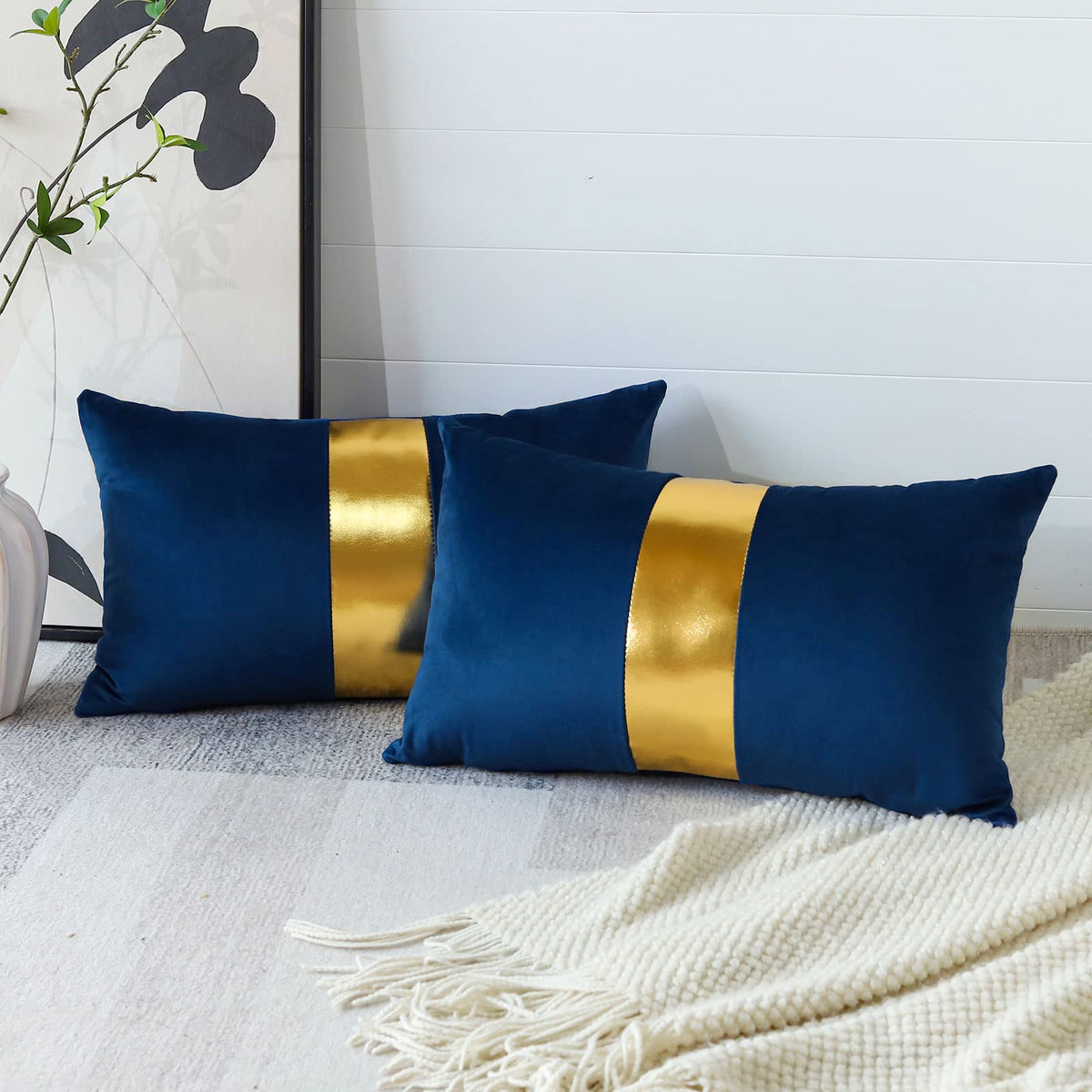 Artscope Black Velvet Throw Pillow Covers with Gold Leather Stitching Luxury Modern Minimalist Square Pillowcase Cushion Covers for Bed Couch Sofa 18x18Inch Set of 2