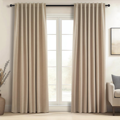 Topfinel Cream Ivory Blackout Curtains & Drapes 84 Inch Length, Beige Pinch Pleat Full Blackout Flax Linen Tab Top Soundproof Curtains with Hooks Rings for Bedroom Living Room Track 2 Panels Set