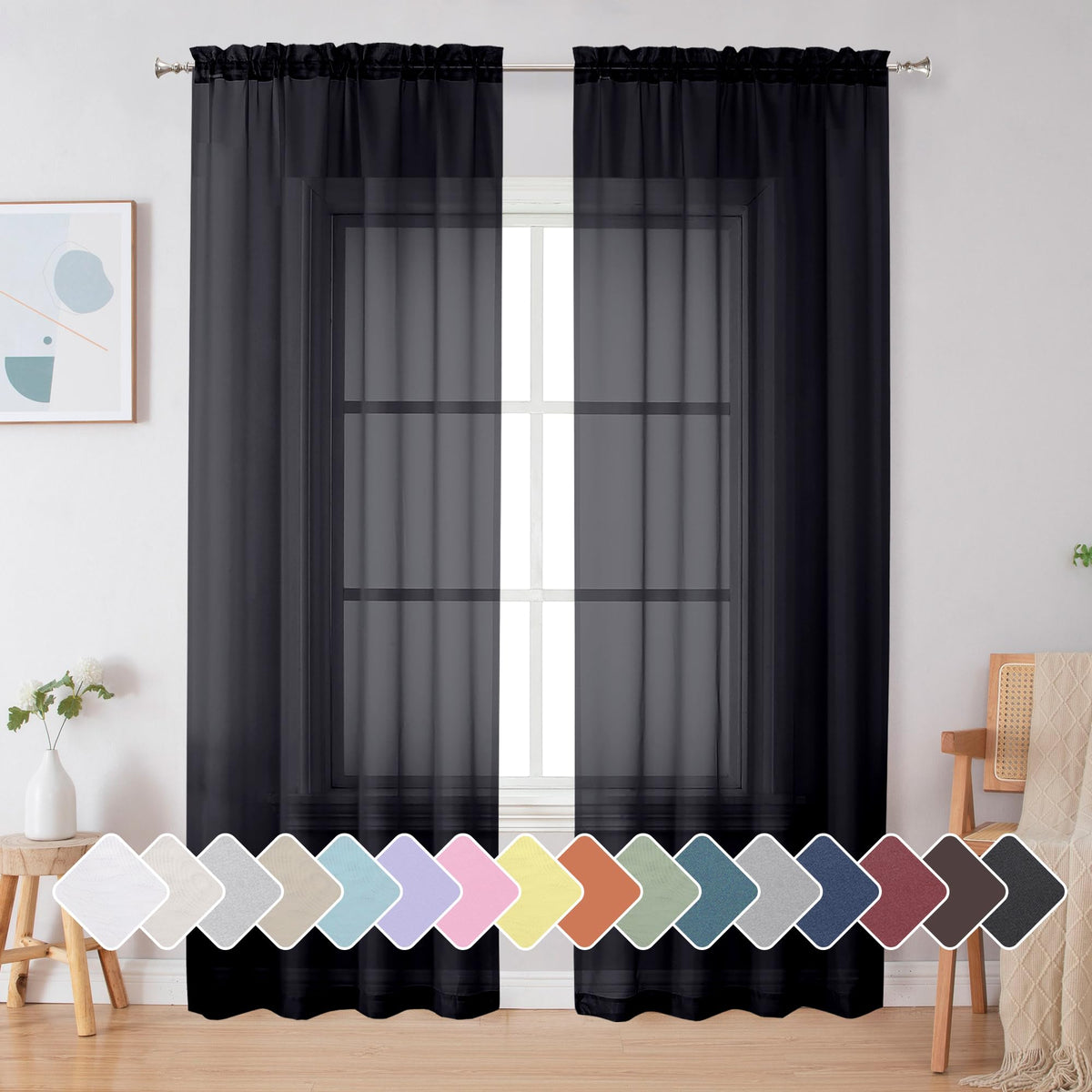 Simplebrand Black Sheer Curtains 84 Inches Long 2 Panels for Living Room