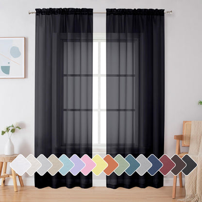 Simplebrand Black Sheer Curtains 84 Inches Long 2 Panels for Living Room