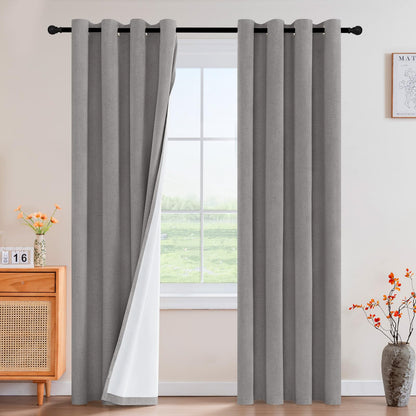 PrinceDeco Natural Linen Curtains 100% Blackout Linen Curtains for Bedroom Full Blackout Curtains 84 Inches Long Living Room Thermal Insulated Light Blocking Curtain Drapes White Backing, 2 Panels