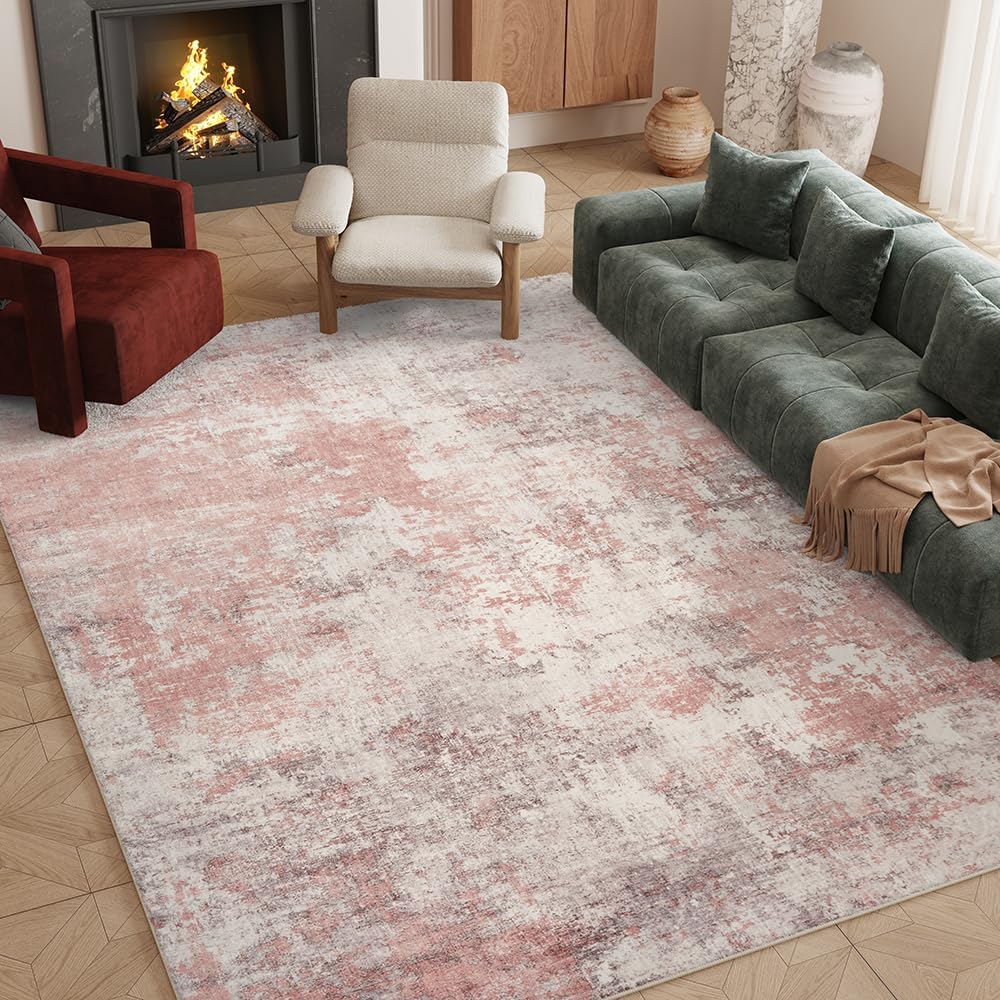 8x10 Pink Gray Washable Area Rug for Living Room, Vintage Print