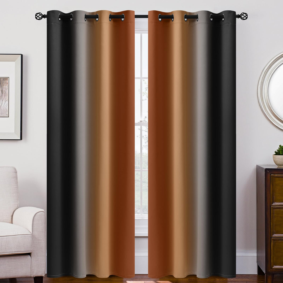 SimpleHome Ombre Black to Grey White Curtains for Living Room 52Wx84L