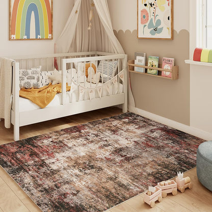 8x10 Pink Gray Washable Area Rug for Living Room, Vintage Print