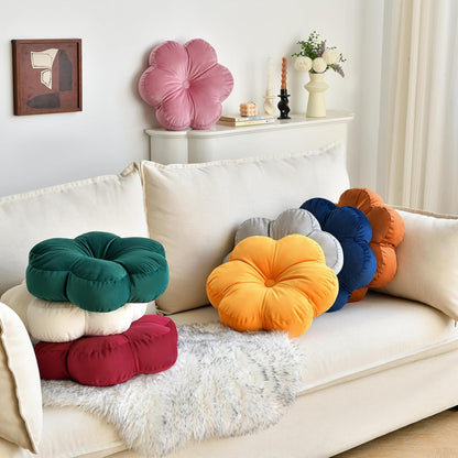Flower Shaped Round Throw Pillow, Decorative Seat Cushion, 15", Ivory White