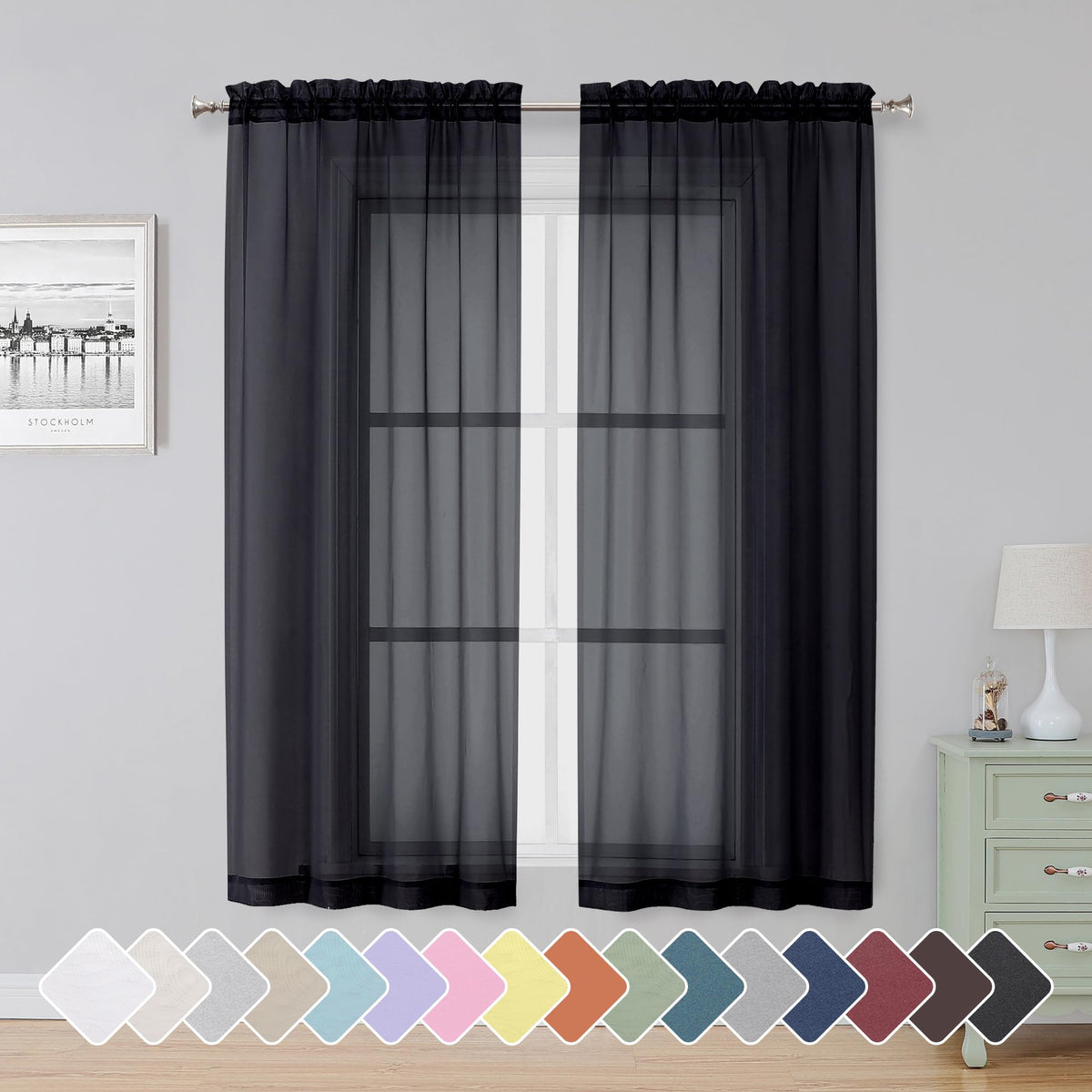 Simplebrand Black Sheer Curtains 84 Inches Long 2 Panels for Living Room