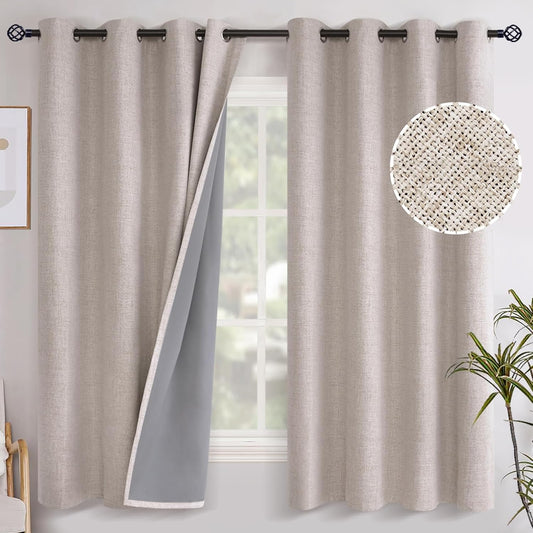 YoungsTex Linen Blackout Curtains 63 Inch Length Bedroom Beige Darkening