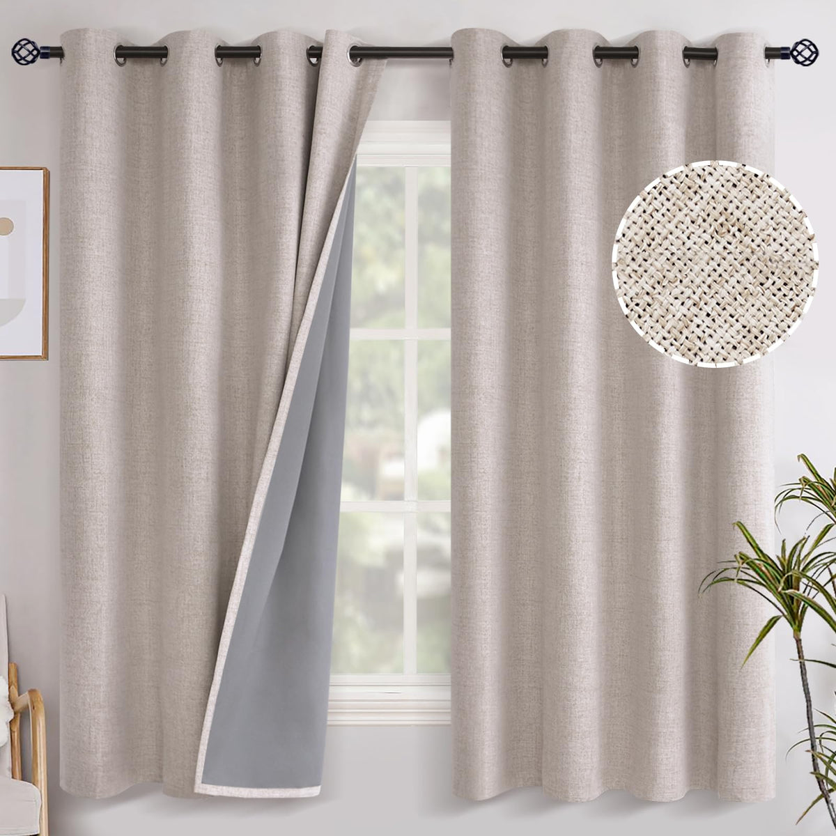 YoungsTex Linen Blackout Curtains 63 Inch Length Bedroom Beige Darkening