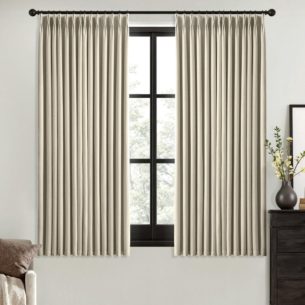 MIULEE Natural Pinch Pleated 100% Blackout Linen Curtains 40x84 Inches