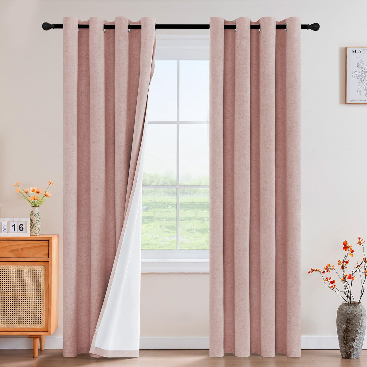 PrinceDeco Natural Linen Curtains 100% Blackout Linen Curtains for Bedroom Full Blackout Curtains 84 Inches Long Living Room Thermal Insulated Light Blocking Curtain Drapes White Backing, 2 Panels