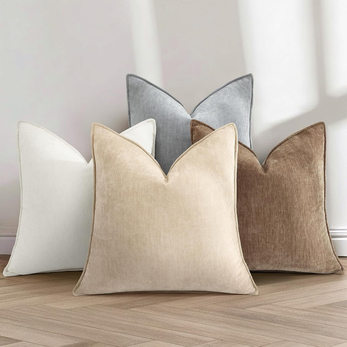 decorUhome Chenille Beige Velvet Throw Pillow Covers 18x18 Set of 2