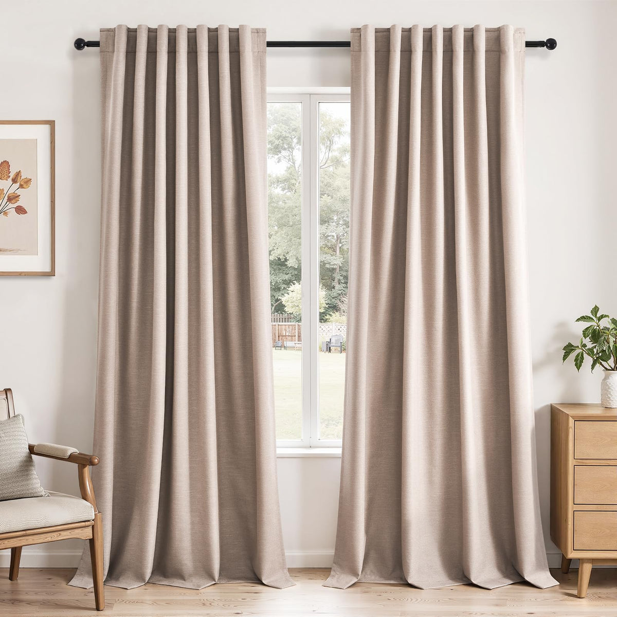 Topfinel Cream Ivory Blackout Curtains & Drapes 84 Inch Length, Beige Pinch Pleat Full Blackout Flax Linen Tab Top Soundproof Curtains with Hooks Rings for Bedroom Living Room Track 2 Panels Set
