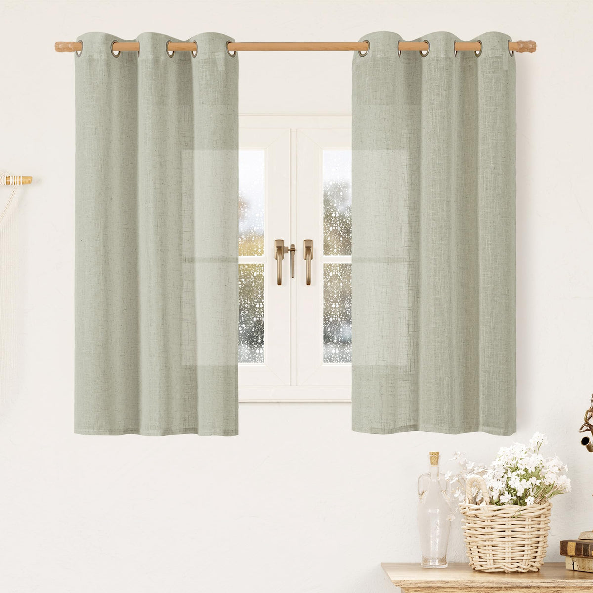 LAMIT Cream Ivory Linen Semi Sheer Curtains 84 inch Length for Bedroom