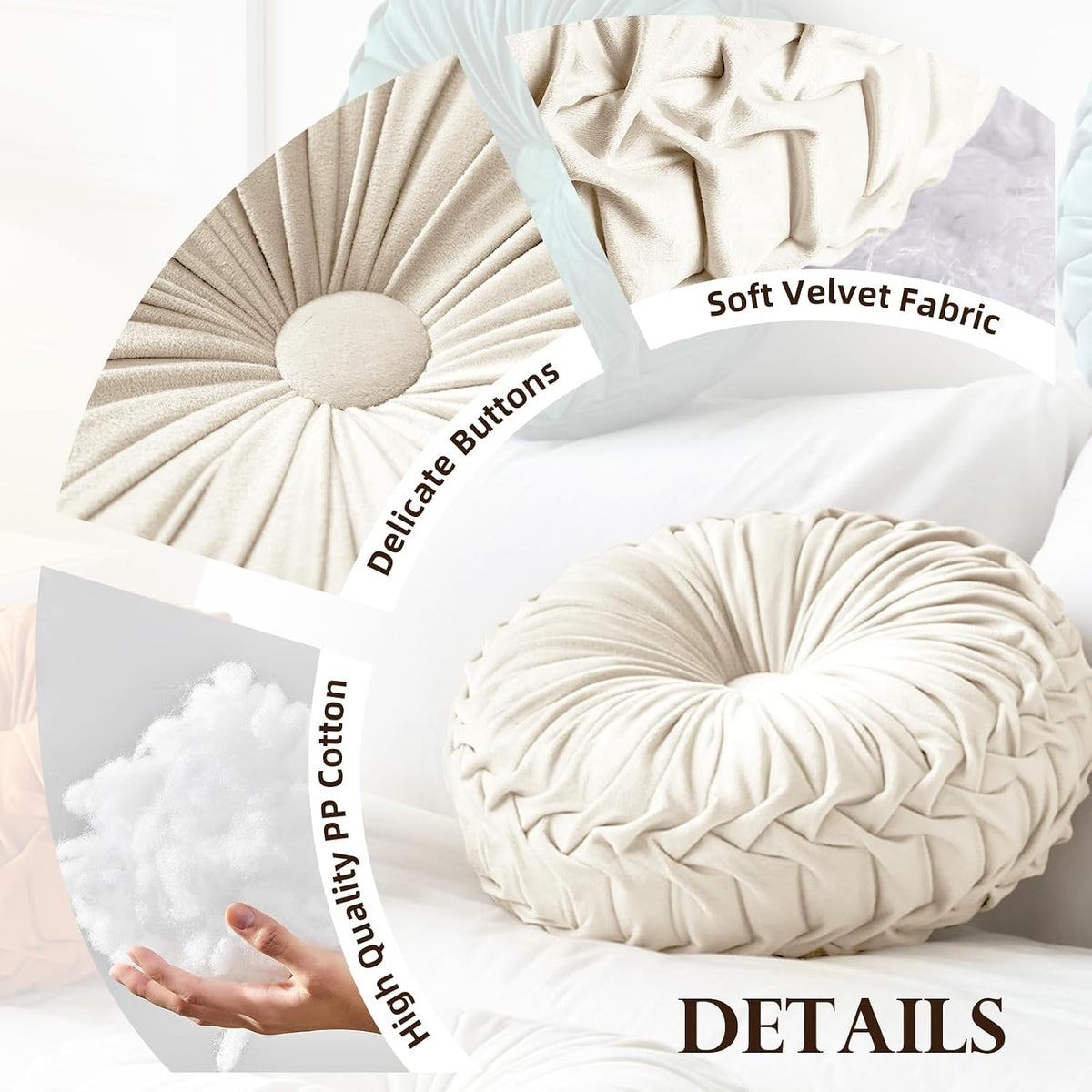 Teieas Round Throw Pillow Velvet Pleated Round Pillow Cushion Light Blue