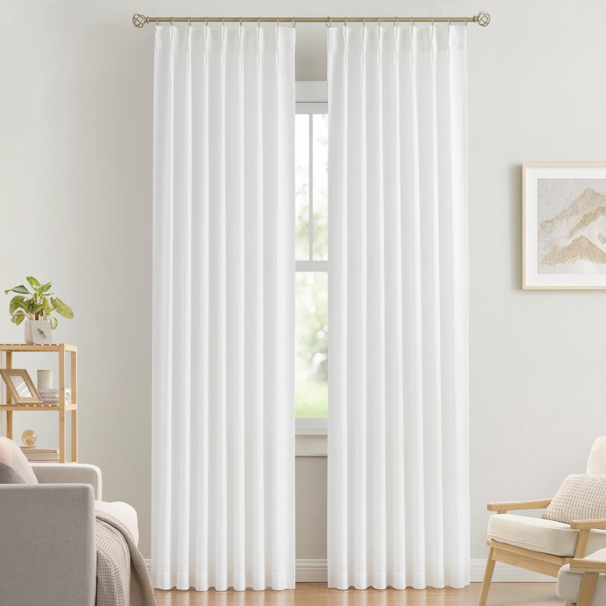 Vision Home Natural Linen Pinch Pleated Semi Sheer Curtains 42Wx90Lx2