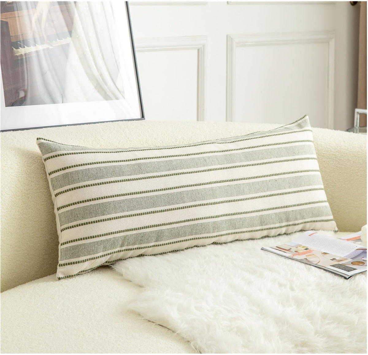 Cethom Decorative Boho Throw Pillow Covers, Farmhouse Textured Pillow Case, 18 x 18 Inch Set of 2, Chair Sofa Bedroom Living Room Home Decor Couch Cushion Case, Classic Blue and Beige Striped