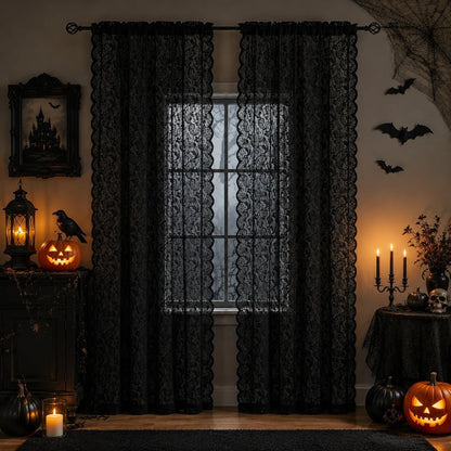 ALIGOGO Black Lace Curtains for Living Room, Gothic Decor, 52W x 84L Inch