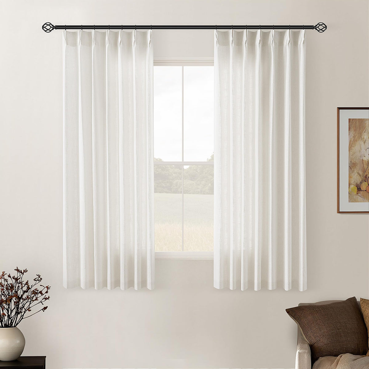 TWODRAPES Natural Pinch Pleated Linen Semi Sheer 84 Inch Curtains 2 Panels
