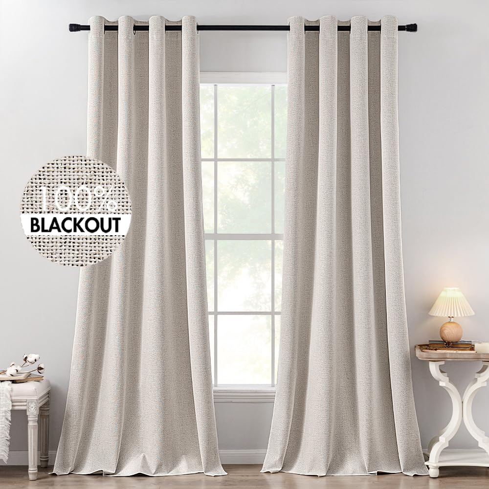 MIULEE 100% Blackout Linen Curtains for Bedroom 52x84 Inches Natural Beige