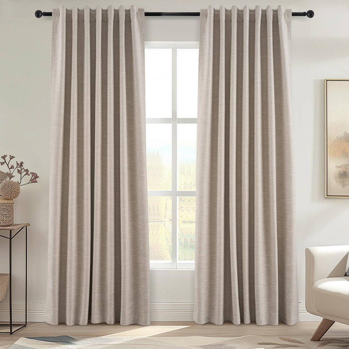 Topfinel Cream Ivory Blackout Curtains & Drapes 84 Inch Length, Beige Pinch Pleat Full Blackout Flax Linen Tab Top Soundproof Curtains with Hooks Rings for Bedroom Living Room Track 2 Panels Set