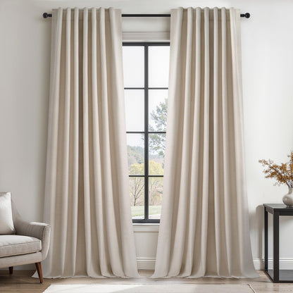 Topfinel Cream Ivory Blackout Curtains & Drapes 84 Inch Length, Beige Pinch Pleat Full Blackout Flax Linen Tab Top Soundproof Curtains with Hooks Rings for Bedroom Living Room Track 2 Panels Set
