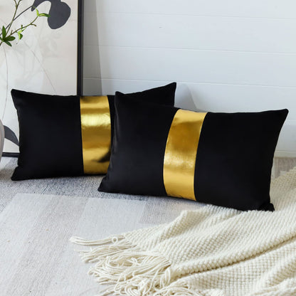 Artscope Black Velvet Throw Pillow Covers with Gold Leather Stitching Luxury Modern Minimalist Square Pillowcase Cushion Covers for Bed Couch Sofa 18x18Inch Set of 2