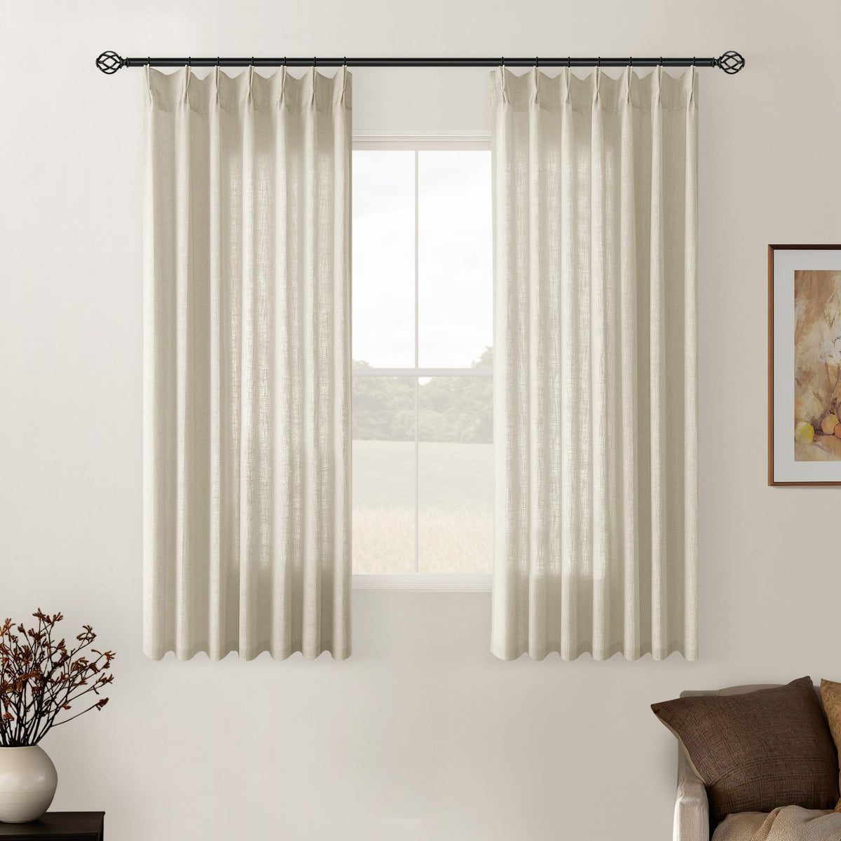 TWODRAPES Natural Pinch Pleated Linen Semi Sheer 84 Inch Curtains 2 Panels
